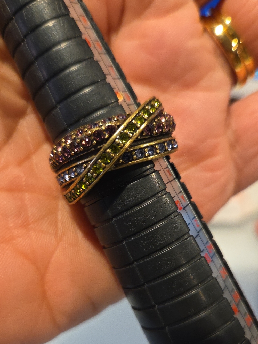 Heidi Daus Multicolor Crystal Crossover Ring in Purple, Green & Blue
